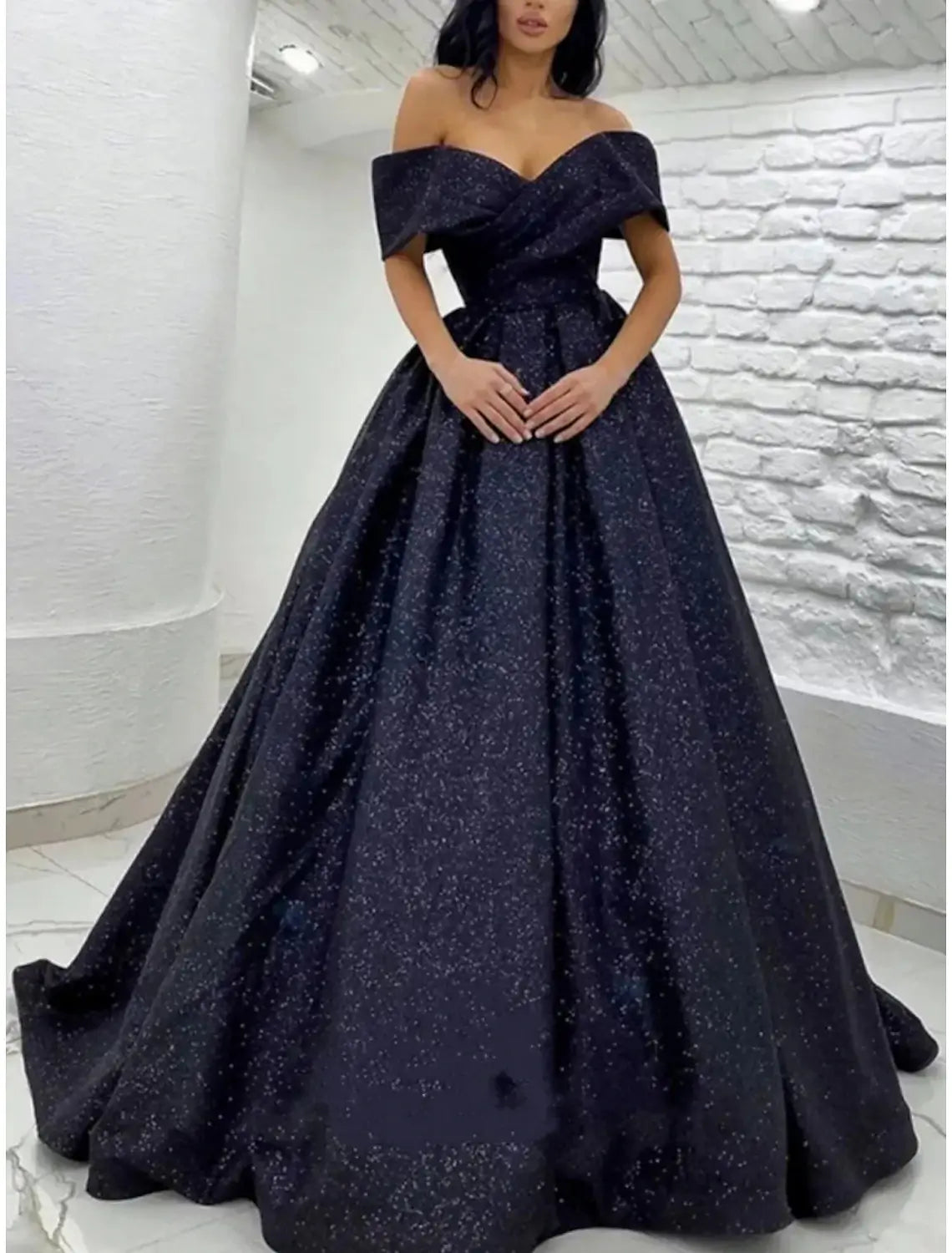 A-Line Prom Dresses Elegant Dress Black Tie Gala Sweep / Brush Train Short Sleeve Off Shoulder Sequined with Glitter Pleats Christmas Dress