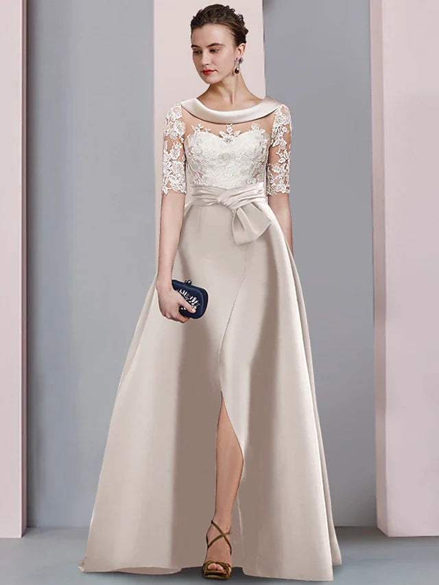 A-Line Lace Dress Mother of the Bride Dress Wedding Guest Elegant Scoop Neck Floor Length Satin Lace Half Sleeve with Bow(s) Appliques Split Front dress