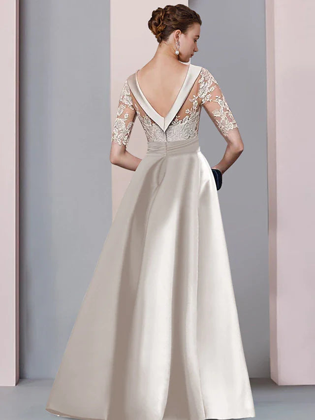 A-Line Lace Dress Mother of the Bride Dress Wedding Guest Elegant Scoop Neck Floor Length Satin Lace Half Sleeve with Bow(s) Appliques Split Front dress