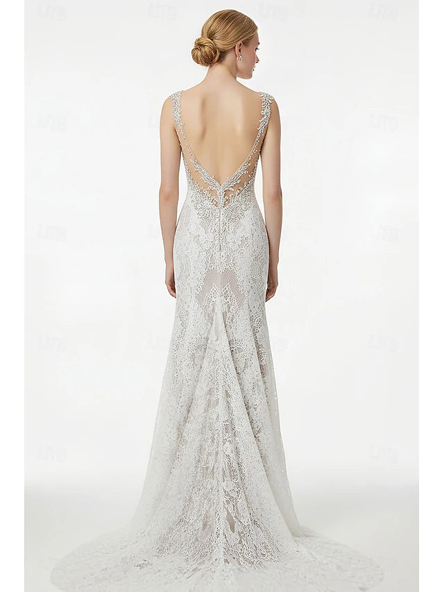 Beach Wedding Beach Open Back Sexy Boho Wedding Dresses Mermaid V Neck Sleeveless Court Train Lace Bridal Gowns With Appliques