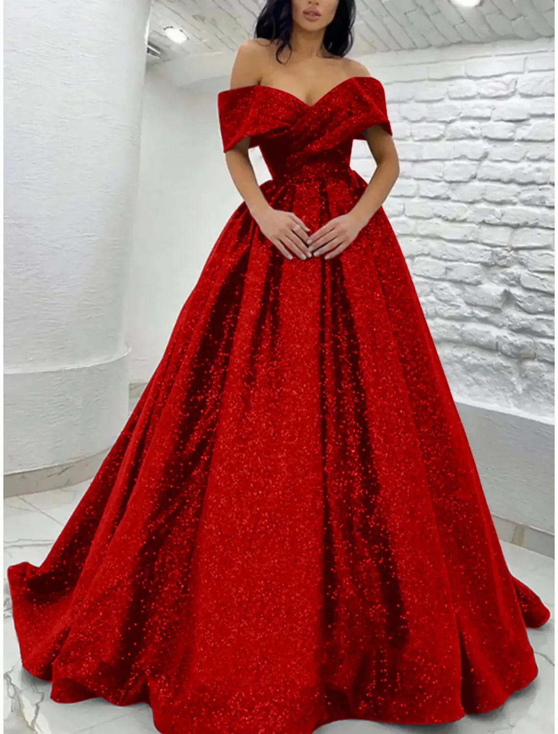 A-Line Prom Dresses Elegant Dress Black Tie Gala Sweep / Brush Train Short Sleeve Off Shoulder Sequined with Glitter Pleats Christmas Dress