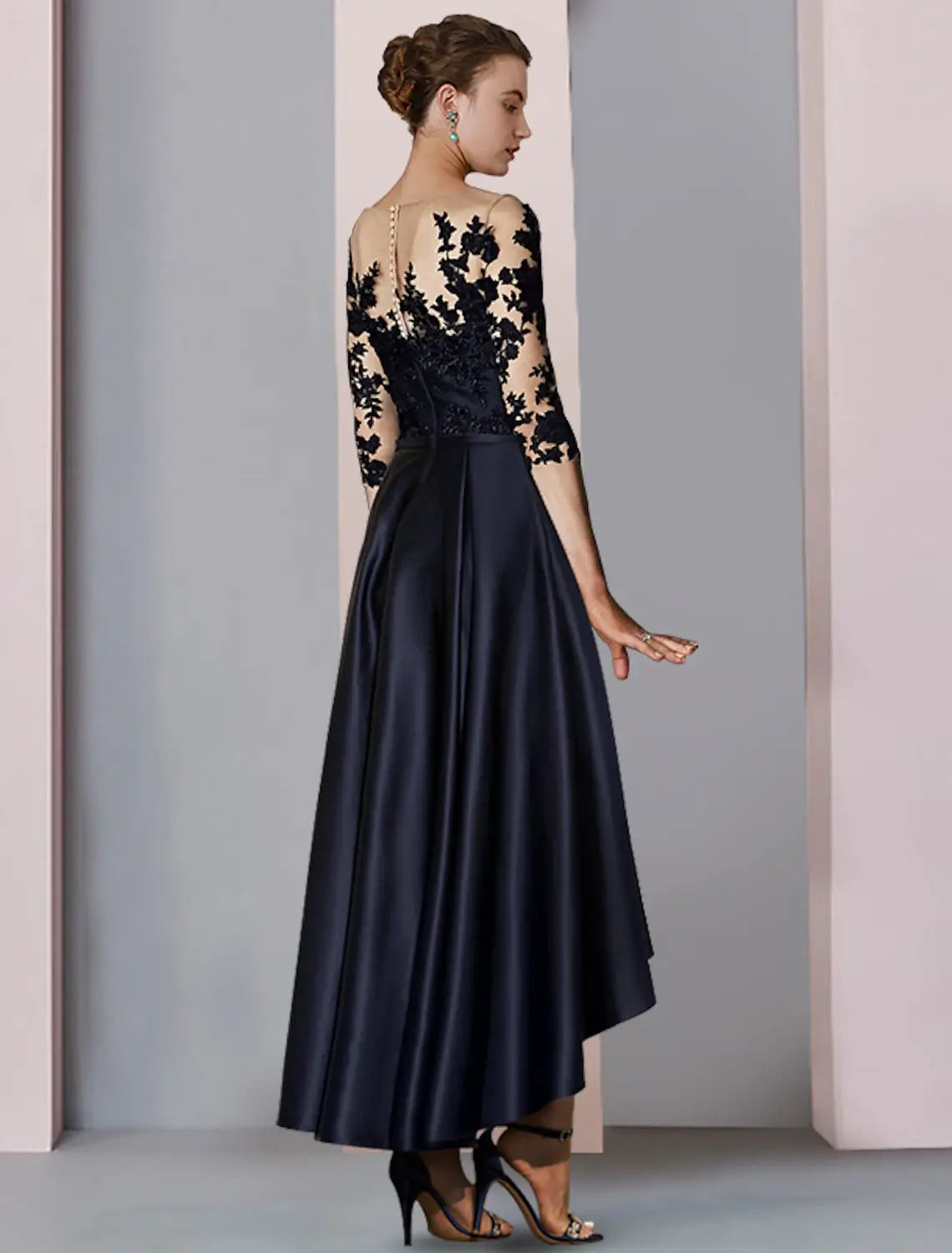 A-Line Lace Dress Mother of the Bride Dress Wedding Guest Elegant High Low Scoop Neck Asymmetrical Tea Length Satin Lace 3/4 Length Sleeve with Pleats Appliques