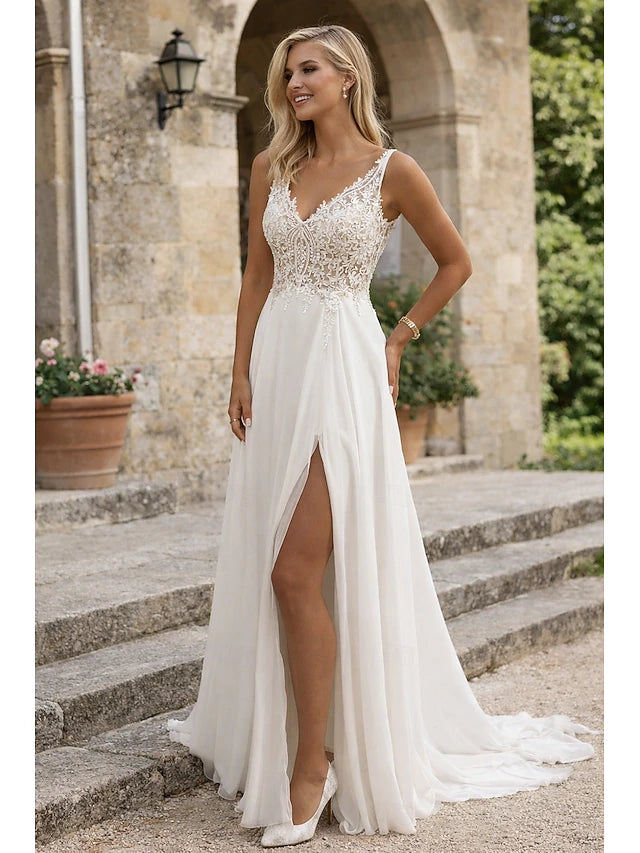 Beach Wedding Dresses A-Line V Neck Sleeveless Floor Length Chiffon Bridal Gowns With Appliques Split Front