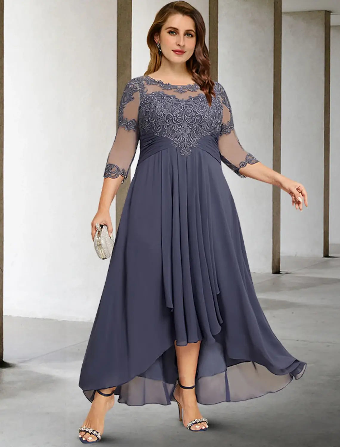 A-Line Plus Size Curve Mother of the Bride Dresses Elegant Dress Formal Wedding Guest Asymmetrical 3/4 Length Sleeve Jewel Neck Chiffon with Pleats Ruched Appliques