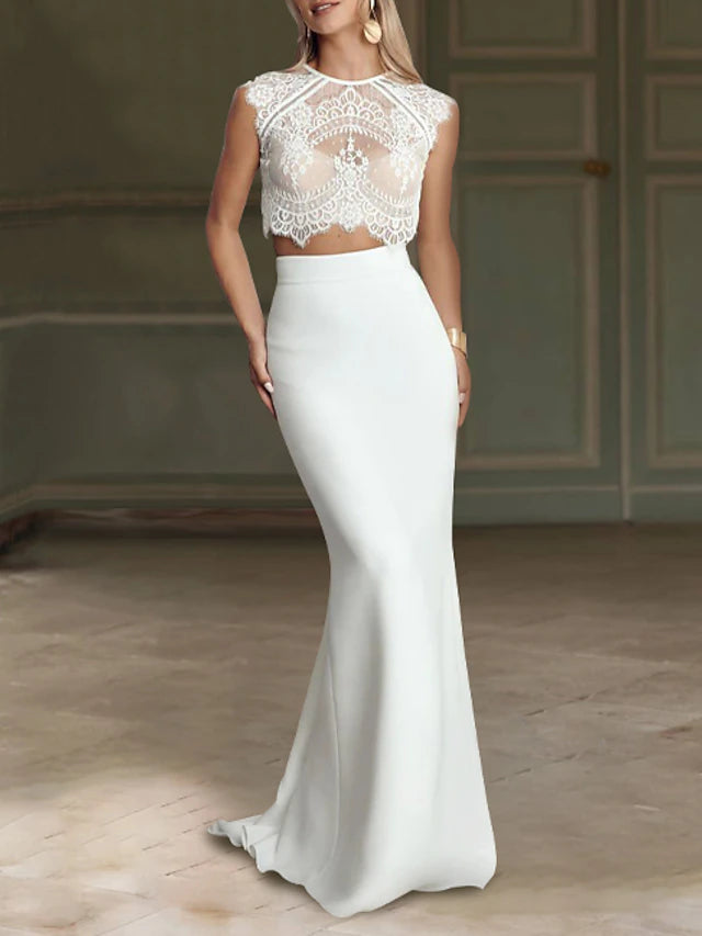Beach Boho Wedding Dresses Mermaid Illusion Neck Cap Sleeve Sweep / Brush Train Chiffon Bridal Suits Bridal Gowns With Appliques