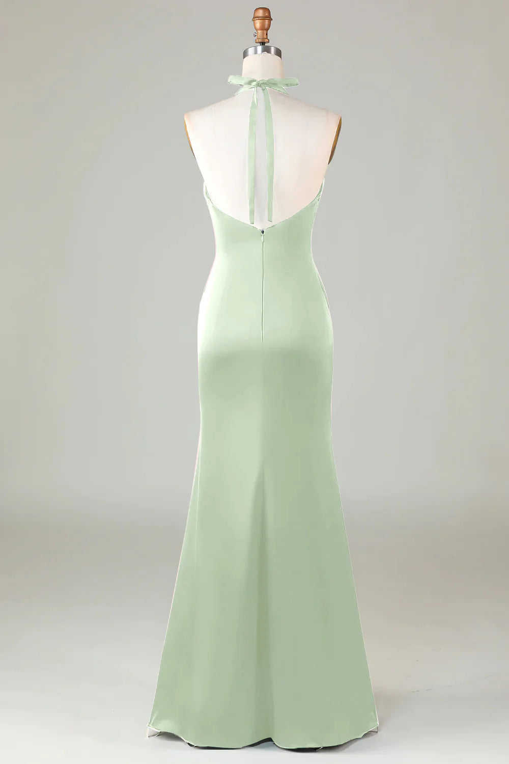 Dusty Sage Satin Sheath Halter Long Bridesmaid Dress
