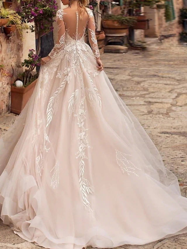 Beach Wedding Formal Wedding Dresses A-Line V Neck Long Sleeve Court Train Tulle Bridal Gowns With Pleats Appliques