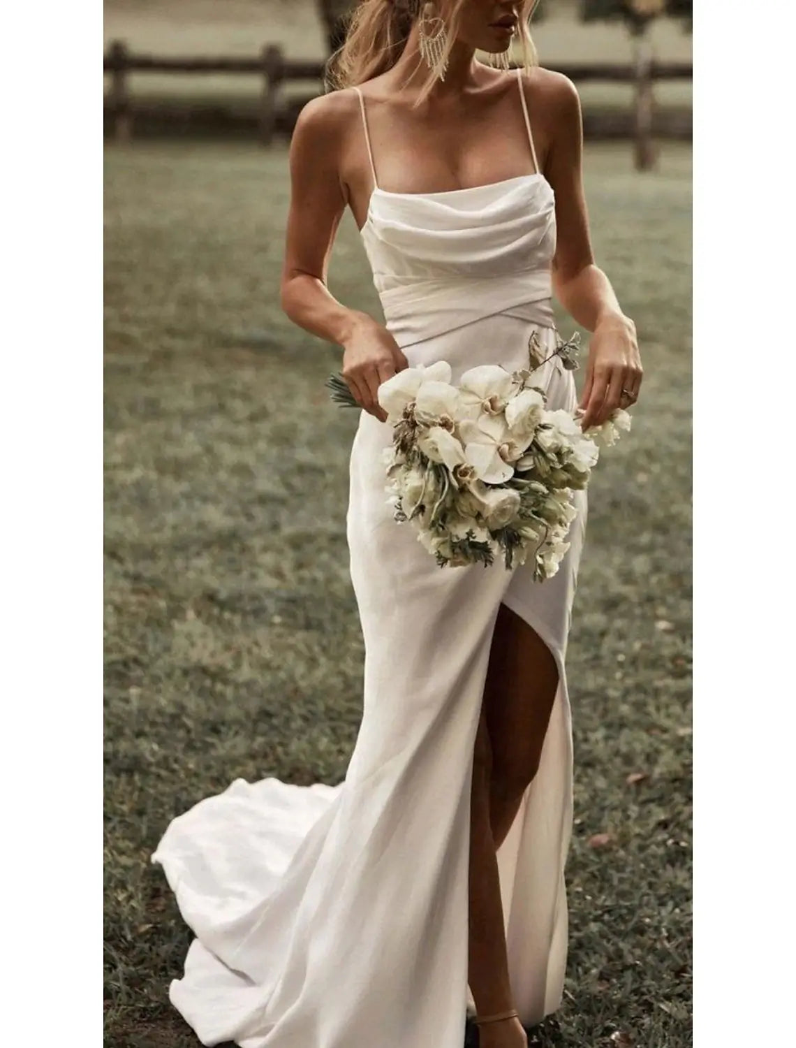 Beach Wedding Beach Sexy Casual Simple Simple Wedding Dresses Sheath Square Camisole Spaghetti Strap Sweep / Brush Train Stretch Fabric Bridal Gowns With Ruched Split Front