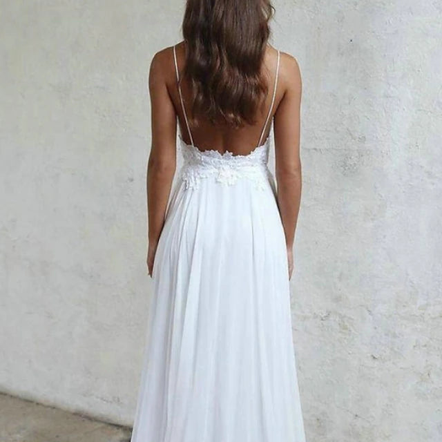 Beach Sexy Boho Simple Wedding Dress Beach Wedding A-Line Sweetheart Camisole Spaghetti Strap Sweep / Brush Train Chiffon Bridal Gowns With Pleats Appliques dress to impress Fall Wedding