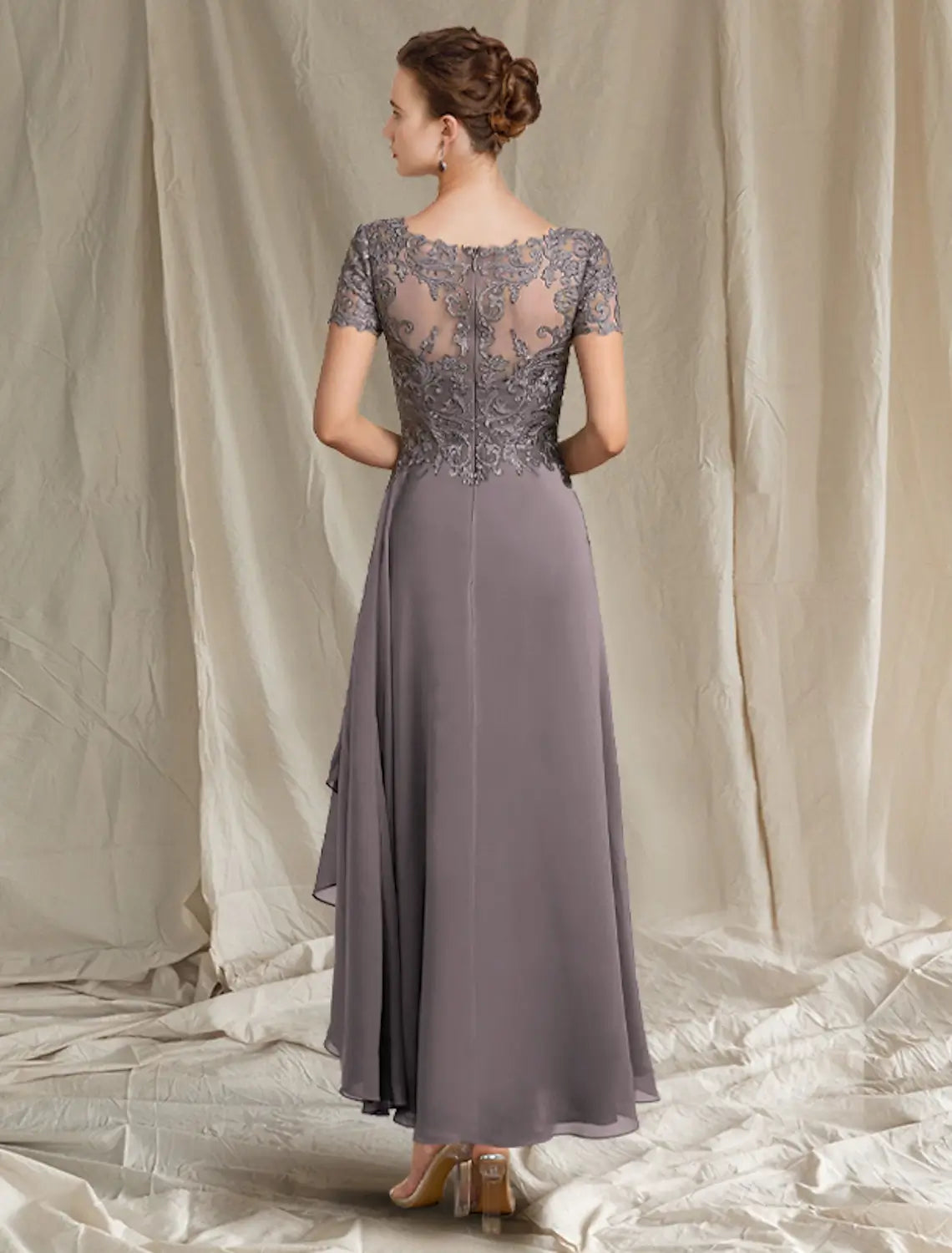 A-Line Lace Dress Mother of the Bride Dress Wedding Guest Elegant Plus Size High Low V Neck Tea Length Chiffon Lace Short Sleeve with Pleats Appliques dress