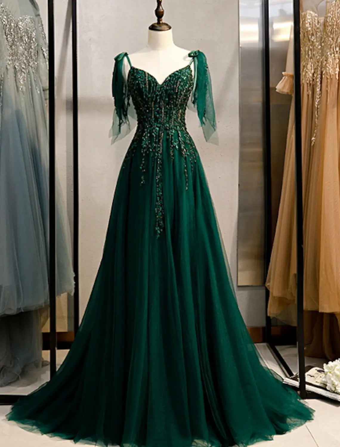 A-Line Party Dress Elegant Engagement Formal Evening Birthday Dress Spaghetti Strap Sleeveless Sweep / Brush Train Polyester with Beading Embroidery dress