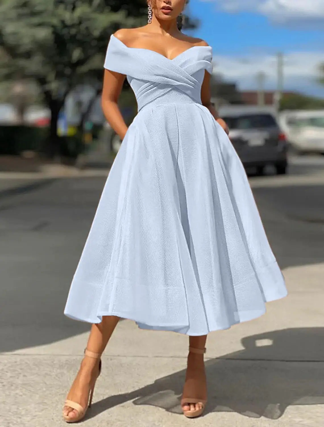 Beach Wedding A-Line Cocktail Dresses Vintage Dress Wedding Guest Tea Length Sleeveless Off Shoulder Tulle with Pleats