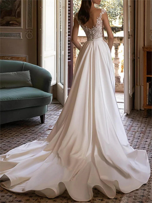 Wedding Dresses Ball Gown Off Shoulder V Neck Sleeveless Chapel Train Satin Bridal Gowns With Pleats Ruched