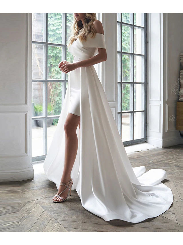 Little White Dress Bridal Shower Dresses Wedding Dresses Two Piece Off Shoulder Short Sleeve Sweep / Brush Train Satin Bridal Suits Bridal Gowns With Ruched