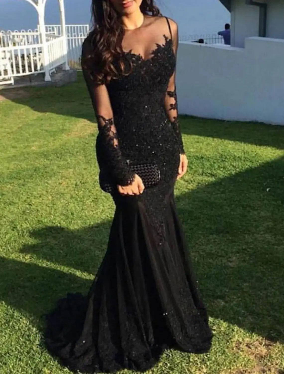 Mermaid / Trumpet Evening Gown Sparkle Dress Carnival Engagement Sweep / Brush Train Long Sleeve Illusion Neck Lace with Appliques