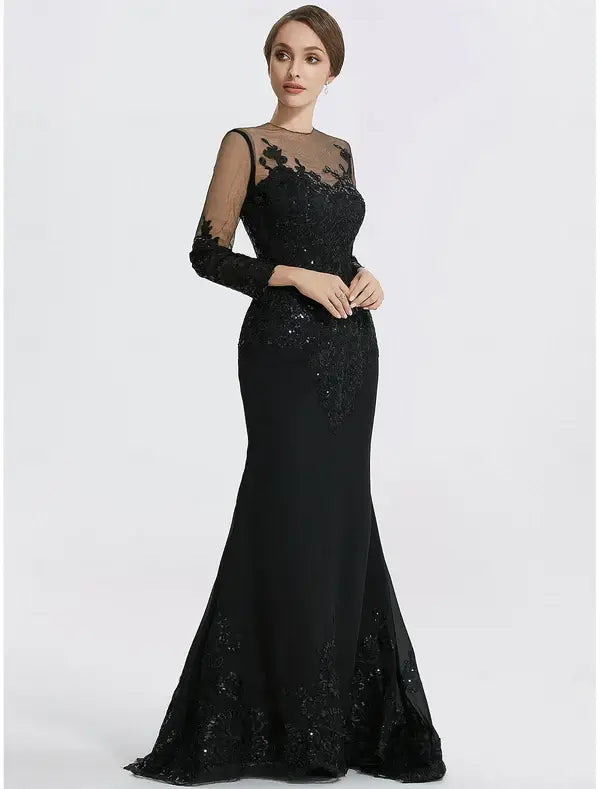 Mermaid / Trumpet Evening Gown Sparkle Dress Carnival Engagement Sweep / Brush Train Long Sleeve Illusion Neck Lace with Appliques