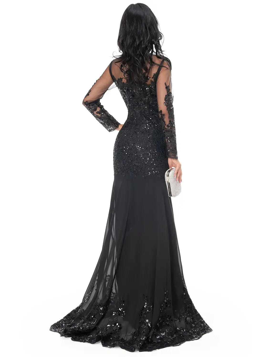 Mermaid / Trumpet Evening Gown Sparkle Dress Carnival Engagement Sweep / Brush Train Long Sleeve Illusion Neck Lace with Appliques