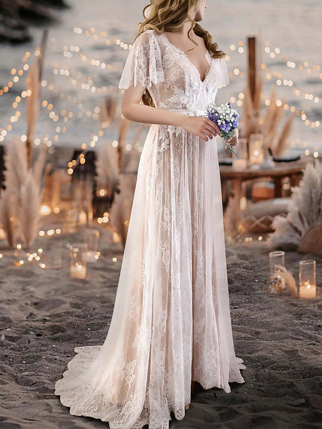 Beach Wedding Beach Sexy Wedding Dresses in Color Boho Wedding Dresses A-Line V Neck Short Sleeve Sweep / Brush Train Lace Bridal Gowns With Sashes / Ribbons Sash / Ribbon