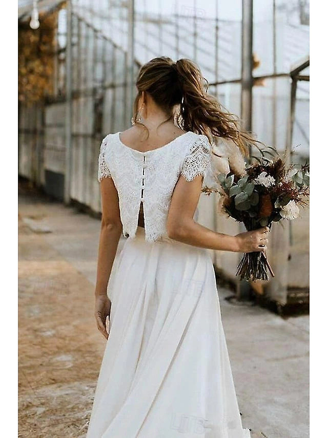 Beach Wedding Little White Dresses Wedding Dresses Two Piece Boat Neck Cap Sleeve Asymmetrical Lace Bridal Suits Bridal Gowns With Solid Color