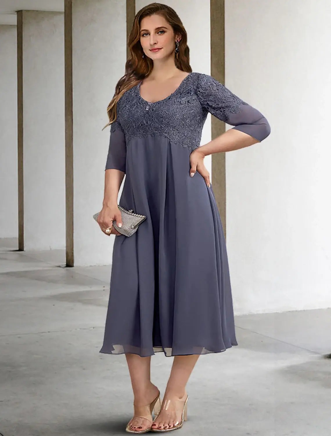 A-Line Plus Size Curve Mother of the Bride Dresses Elegant Dress Formal Wedding Guest Tea Length Half Sleeve V Neck Chiffon with Buttons Appliques