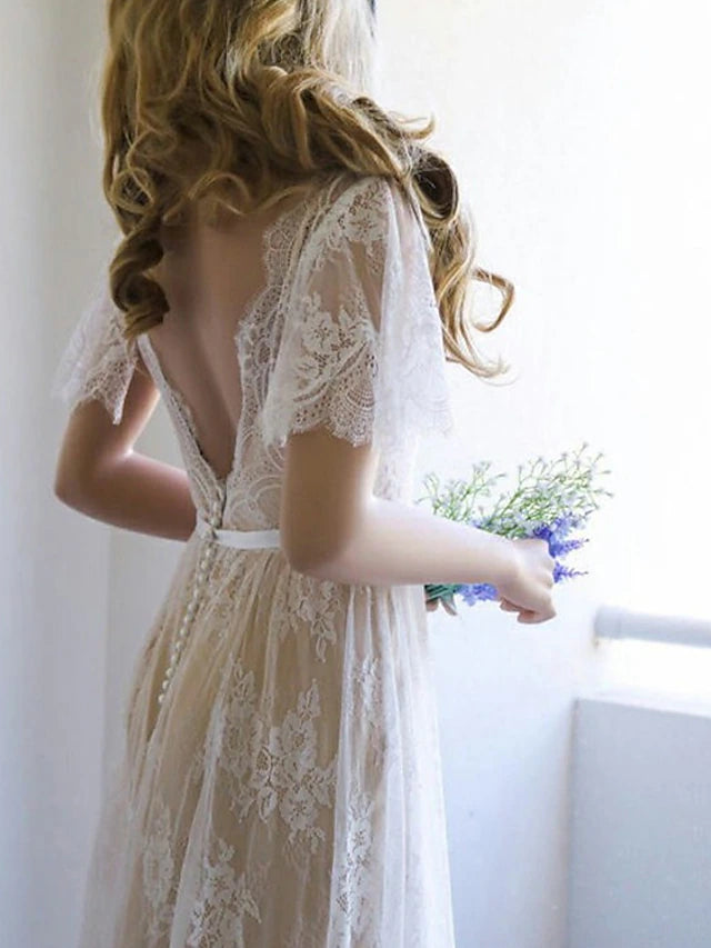 Beach Wedding Beach Sexy Wedding Dresses in Color Boho Wedding Dresses A-Line V Neck Short Sleeve Sweep / Brush Train Lace Bridal Gowns With Sashes / Ribbons Sash / Ribbon