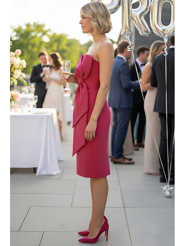 Sheath Column Knee Length Prom Dress Party Dress Cocktail Dress Prom Dresses Elegant Party Sleeveless Strapless Homecoming Cocktail Party Stretch Crepe with Bow(s) Ruched