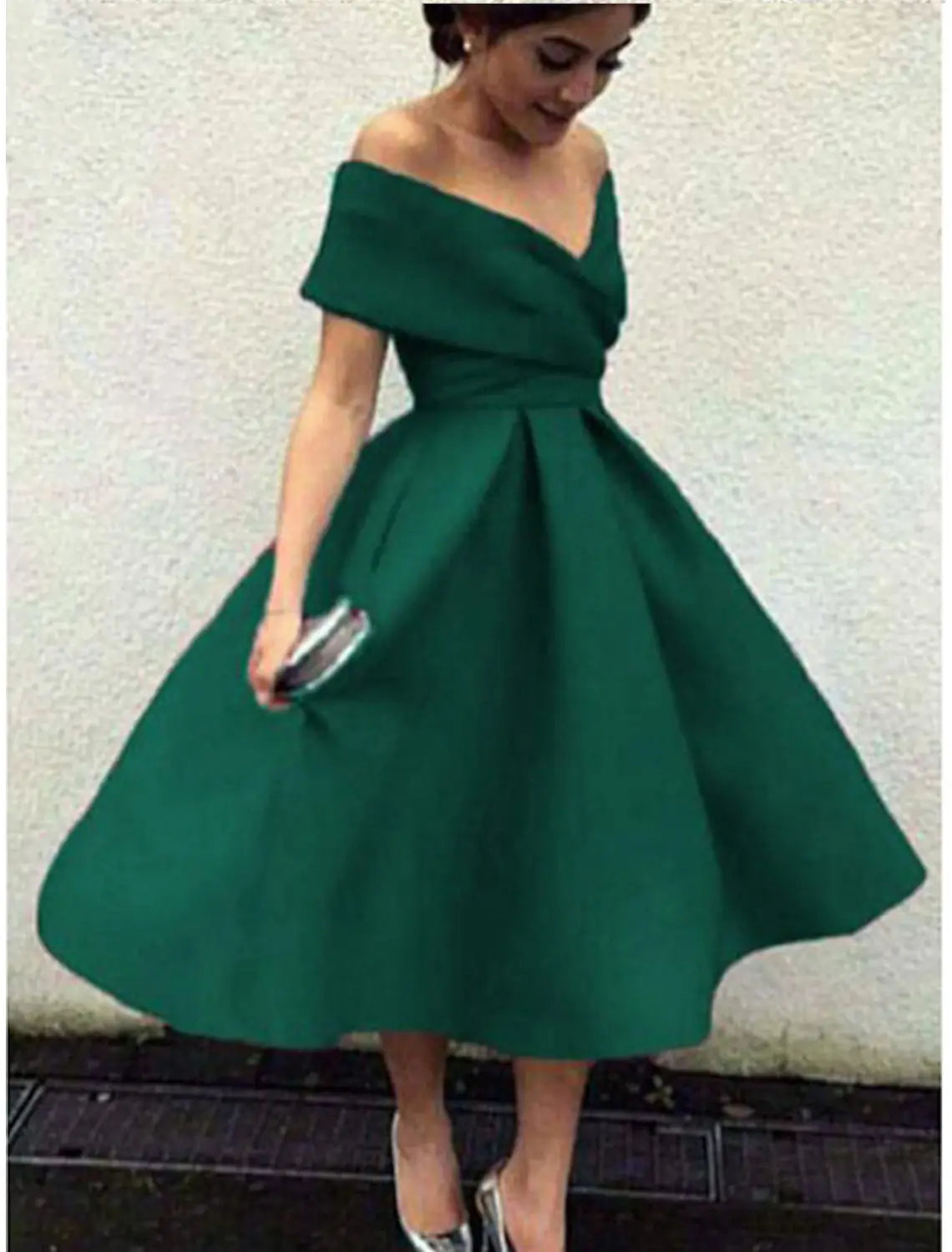 A-Line Cocktail Dresses 1950s Dress Homecoming Dress Wedding Guest Red Green Dress Tea Length Short Sleeve V Neck Stretch Fabric V Back with Pleats dress