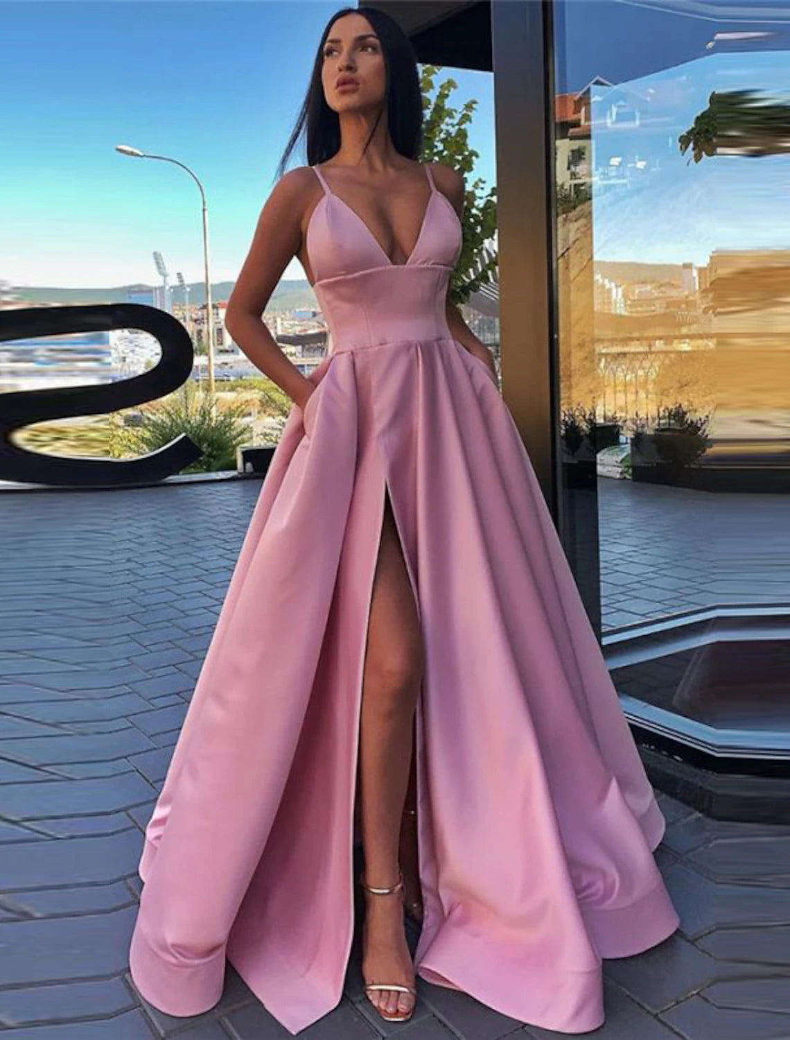 A-Line Prom Dresses Black Dress Dress Wedding Guest Prom Sweep / Brush Train Sleeveless Spaghetti Strap Satin with Pleats Split Front
