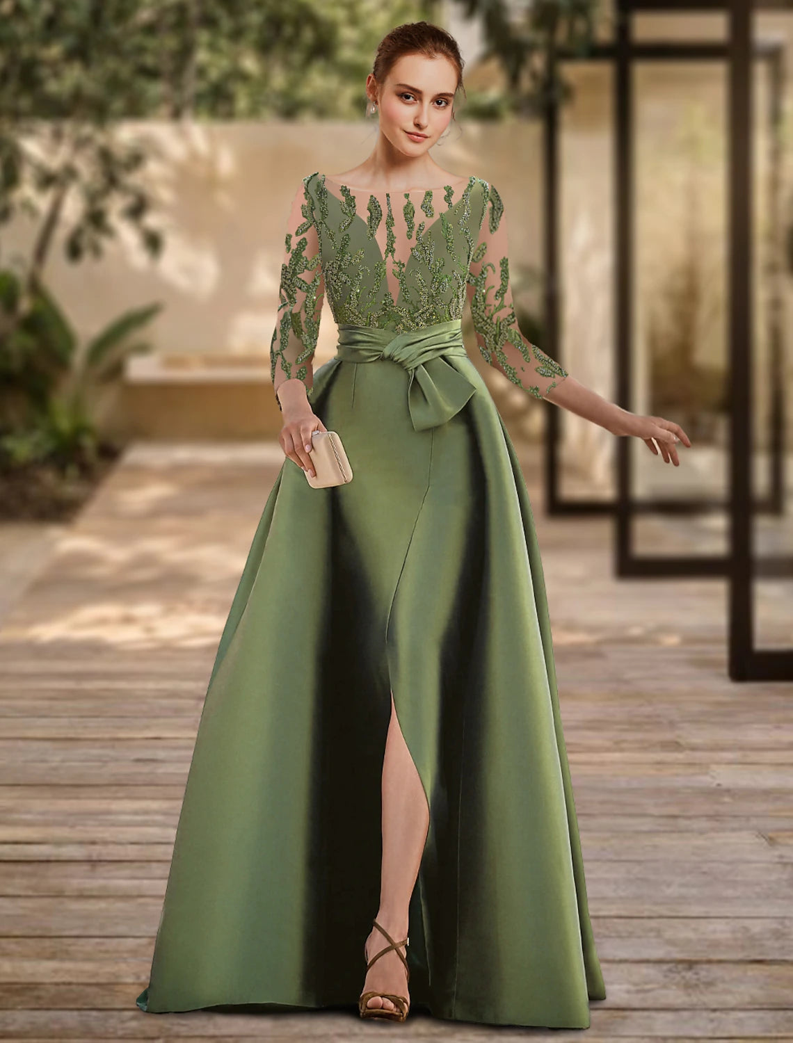 A-Line Chrismas Dress Evening Gown Open Back Dress Formal Wedding Guest Floor Length 3/4 Length Sleeve Scoop Neck Lace with Slit Strappy dress to impress