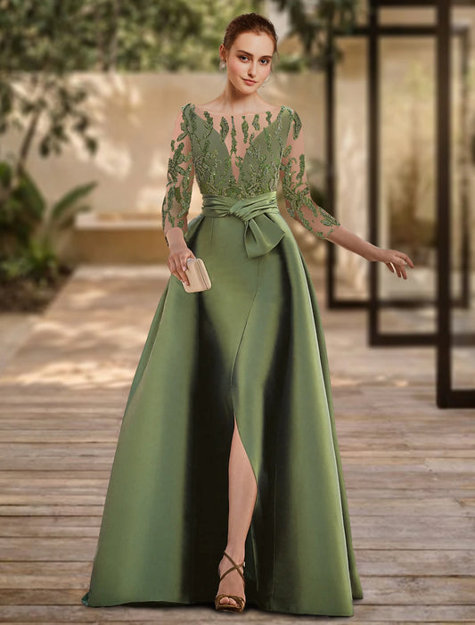 A-Line Chrismas Dress Evening Gown Open Back Dress Formal Wedding Guest Floor Length 3/4 Length Sleeve Scoop Neck Lace with Slit Strappy dress to impress