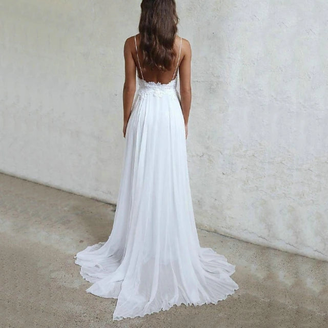 Beach Sexy Boho Simple Wedding Dress Beach Wedding A-Line Sweetheart Camisole Spaghetti Strap Sweep / Brush Train Chiffon Bridal Gowns With Pleats Appliques dress to impress Fall Wedding