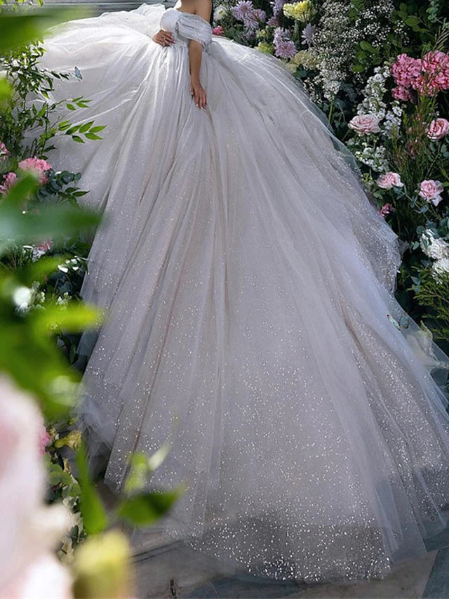 Engagement Sparkle & Shine Formal Wedding Dresses Ball Gown Off Shoulder Cap Sleeve Chapel Train Sequined Bridal Gowns With Solid Color