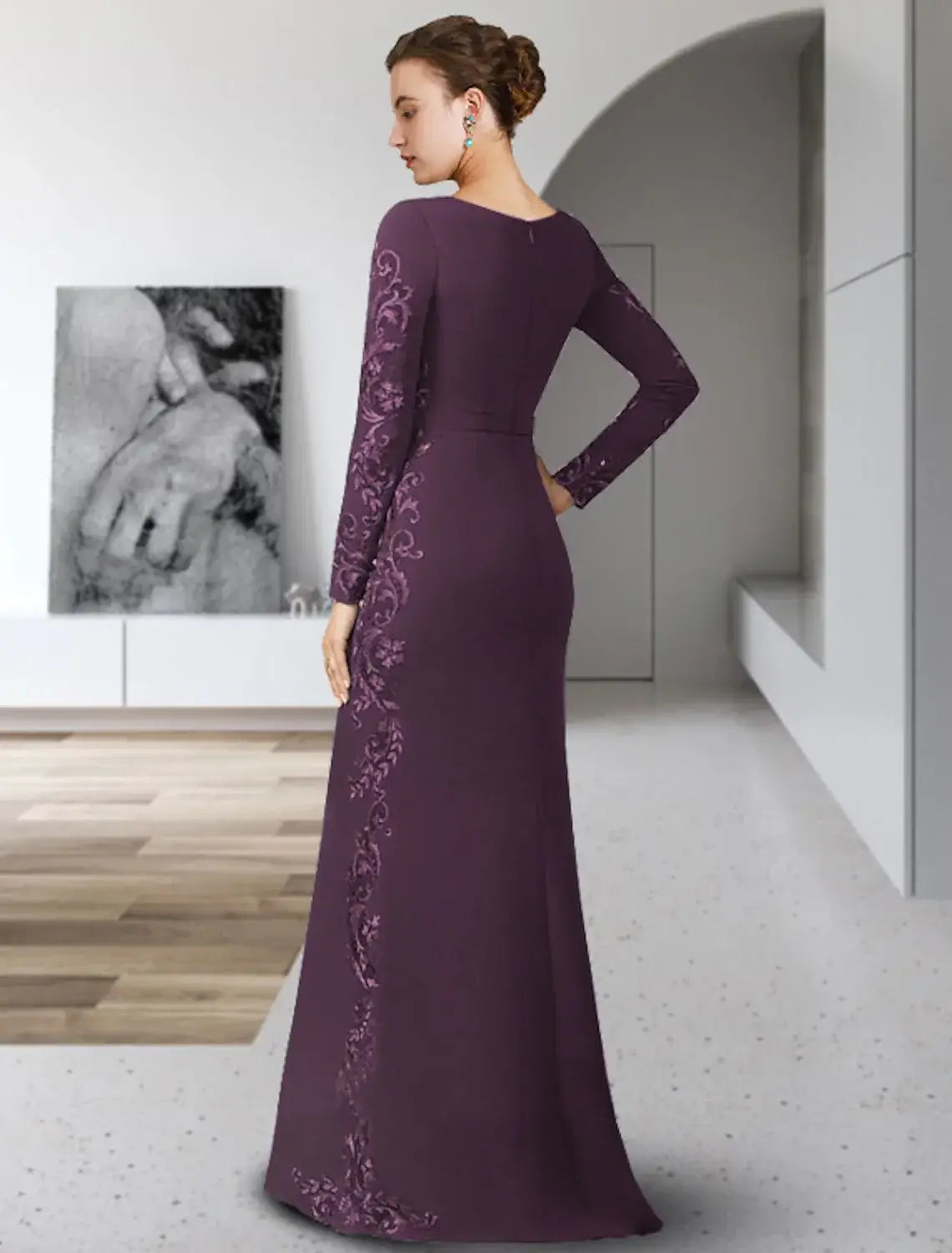 Sheath / Column Lace Dress Mother of the Bride Dress Formal Wedding Guest Elegant Party Scoop Neck Floor Length Chiffon Lace Long Sleeve with Sash / Ribbon Appliques dress
