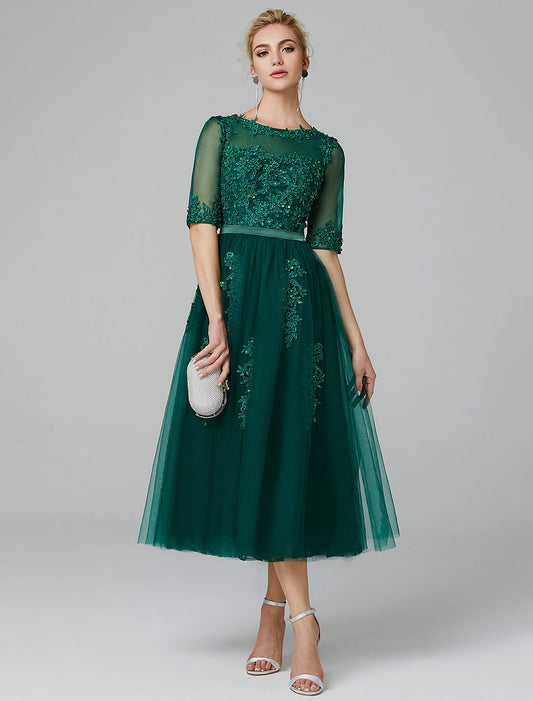 A-Line Chrismas Dress Cocktail Dress Red Green Dress Formal Evening Kentucky Derby Tea Length Sleeveless Illusion Neck Fall Wedding Guest Lace Over Tulle with Sequin Appliques dress