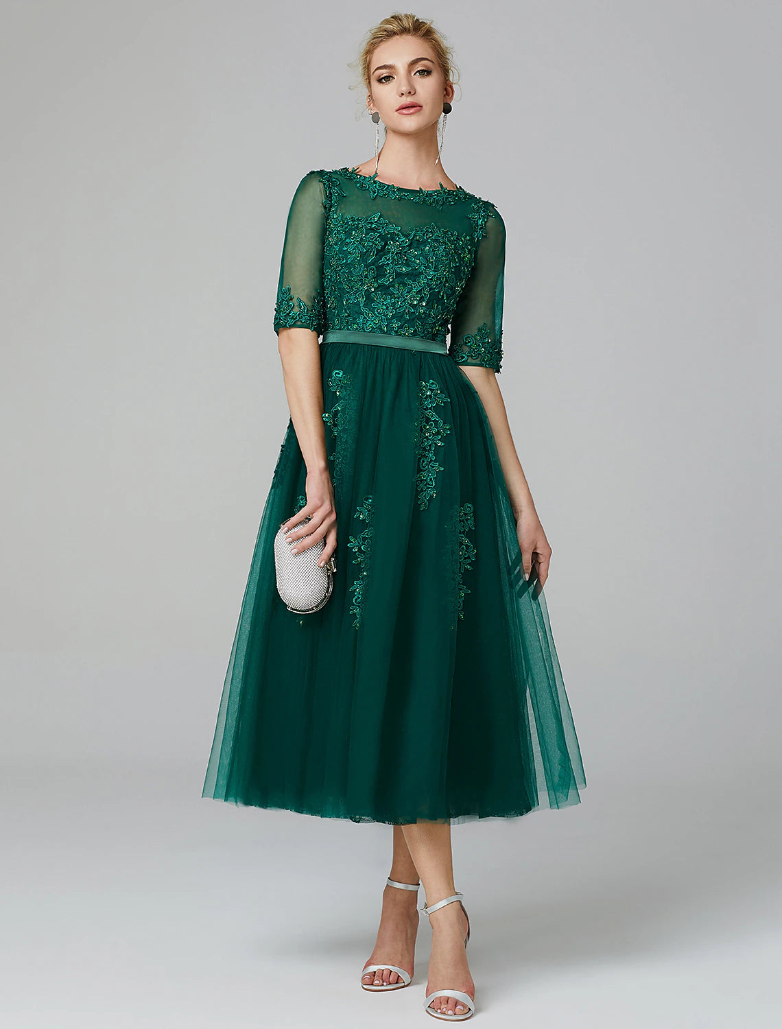 A-Line Chrismas Dress Cocktail Dress Red Green Dress Formal Evening Kentucky Derby Tea Length Sleeveless Illusion Neck Fall Wedding Guest Lace Over Tulle with Sequin Appliques dress