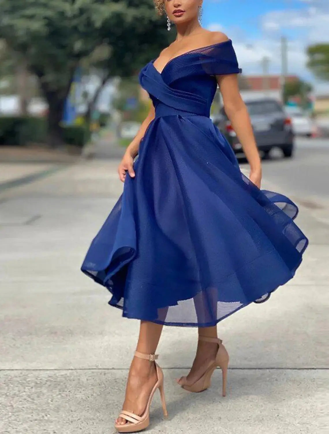 Beach Wedding A-Line Cocktail Dresses Vintage Dress Wedding Guest Tea Length Sleeveless Off Shoulder Tulle with Pleats
