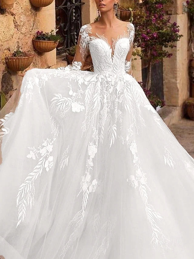 Beach Wedding Formal Wedding Dresses A-Line V Neck Long Sleeve Court Train Tulle Bridal Gowns With Pleats Appliques
