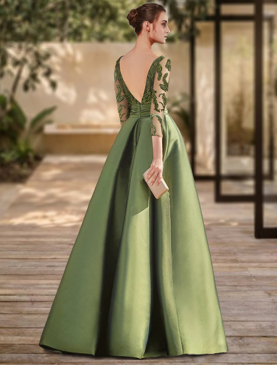 A-Line Chrismas Dress Evening Gown Open Back Dress Formal Wedding Guest Floor Length 3/4 Length Sleeve Scoop Neck Lace with Slit Strappy dress to impress