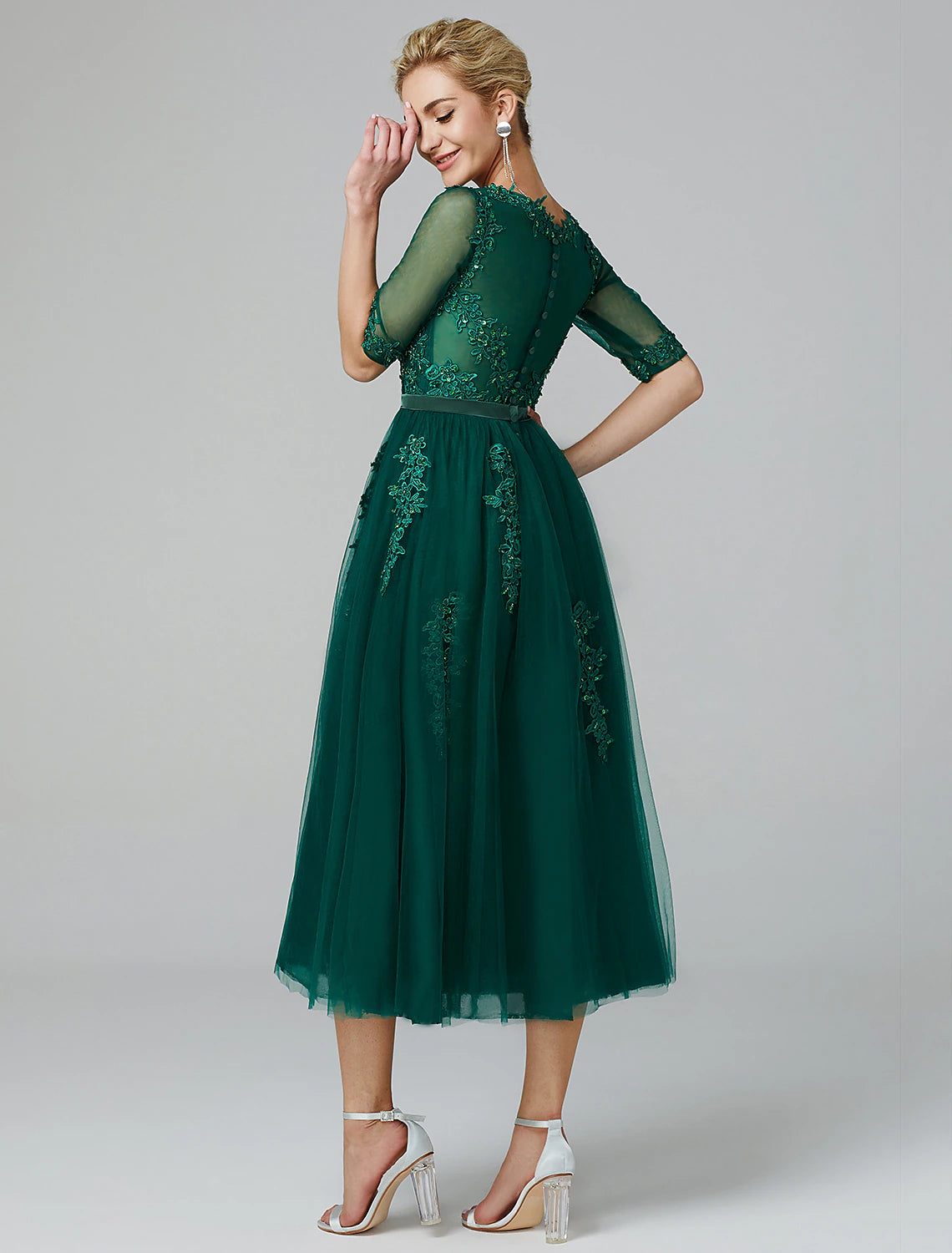 A-Line Chrismas Dress Cocktail Dress Red Green Dress Formal Evening Kentucky Derby Tea Length Sleeveless Illusion Neck Fall Wedding Guest Lace Over Tulle with Sequin Appliques dress