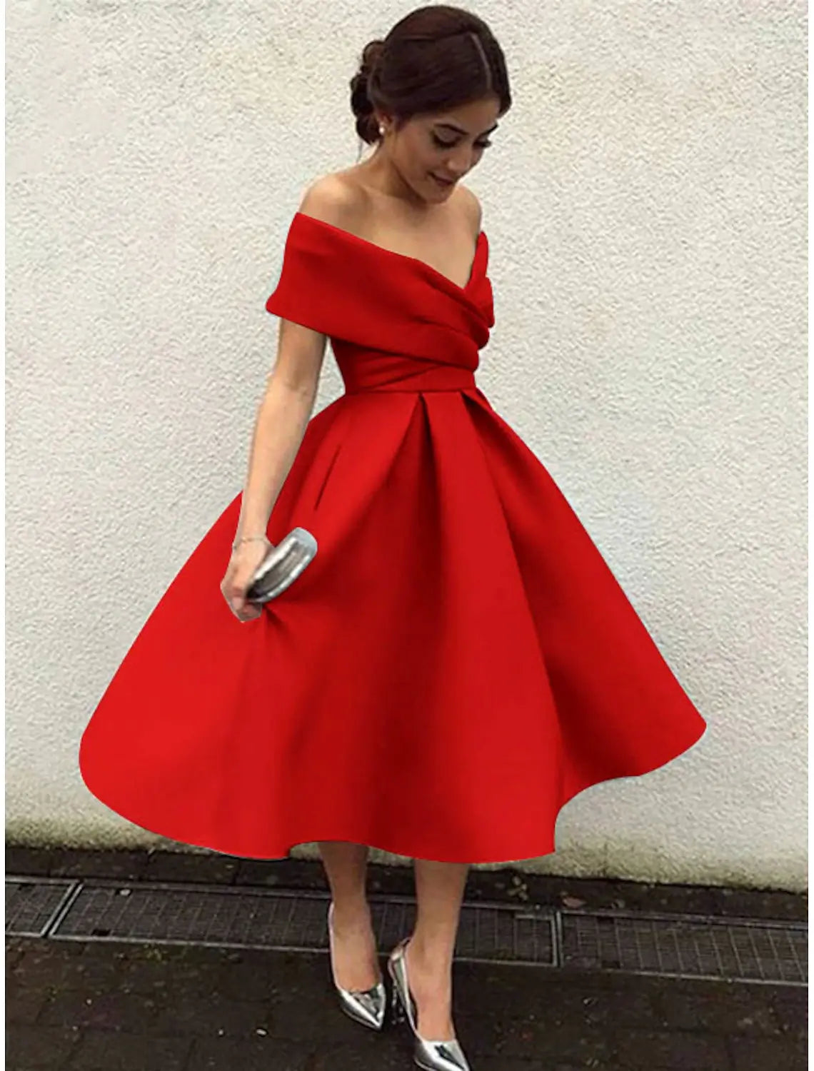 A-Line Cocktail Dresses 1950s Dress Homecoming Dress Wedding Guest Red Green Dress Tea Length Short Sleeve V Neck Stretch Fabric V Back with Pleats dress