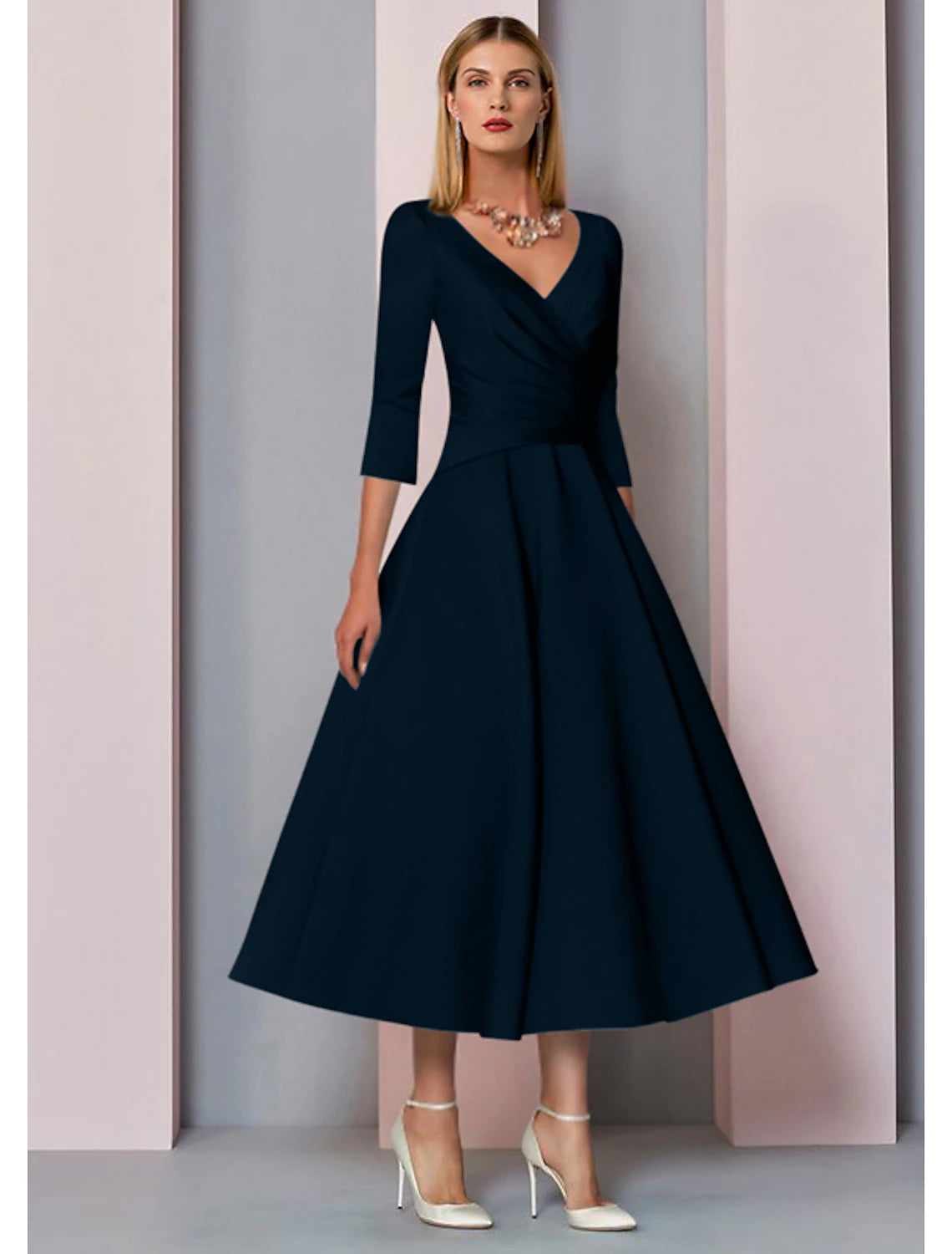 Beach Wedding A-Line Gold Dresses Mother of the Bride Dress Wedding Guest Elegant Vintage Plus Size V Neck Tea Length Satin 3/4 Length Sleeve with Pleats dress