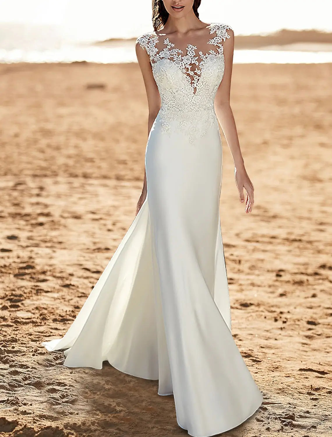 Beach Wedding Beach Open Back Wedding Dresses Mermaid Illusion Neck Cap Sleeve Court Train Chiffon Bridal Gowns With Appliques