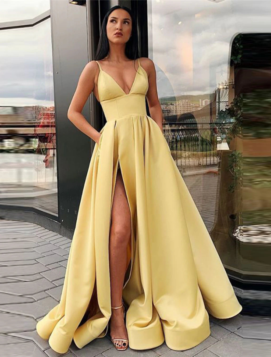 A-Line Prom Dresses Black Dress Dress Wedding Guest Prom Sweep / Brush Train Sleeveless Spaghetti Strap Satin with Pleats Split Front