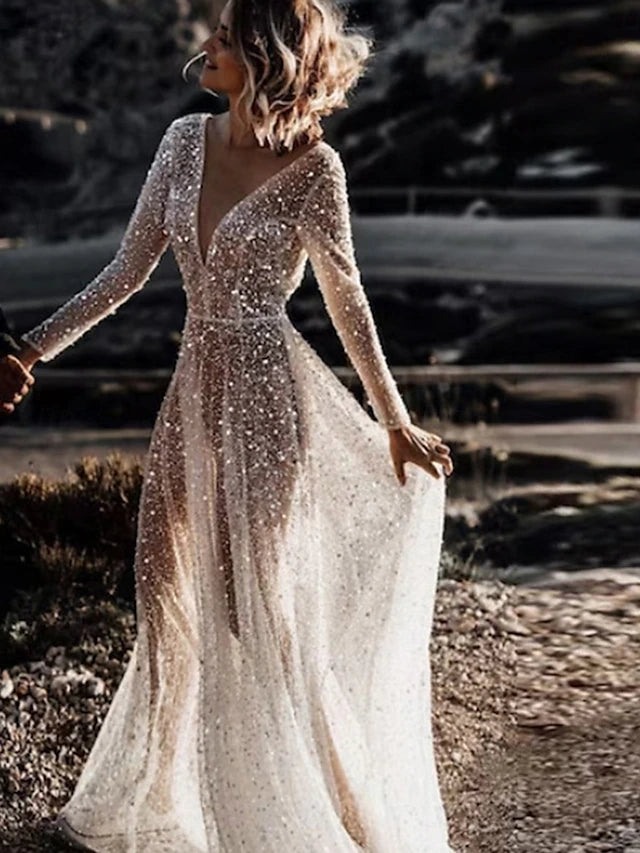 Wedding Dresses Ball Gown V Neck Long Sleeve Chapel Train Satin Bridal Gowns With Pleats Ruched