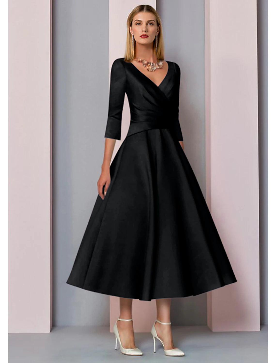 Beach Wedding A-Line Gold Dresses Mother of the Bride Dress Wedding Guest Elegant Vintage Plus Size V Neck Tea Length Satin 3/4 Length Sleeve with Pleats dress