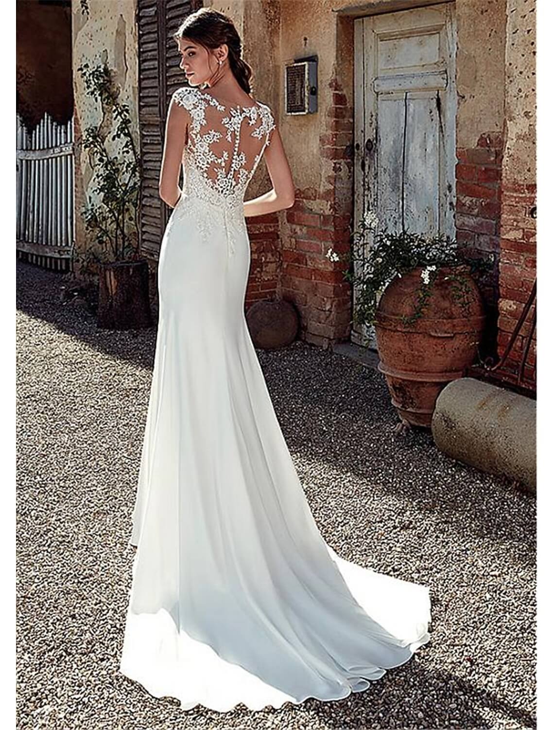 Beach Wedding Beach Open Back Wedding Dresses Mermaid Illusion Neck Cap Sleeve Court Train Chiffon Bridal Gowns With Appliques