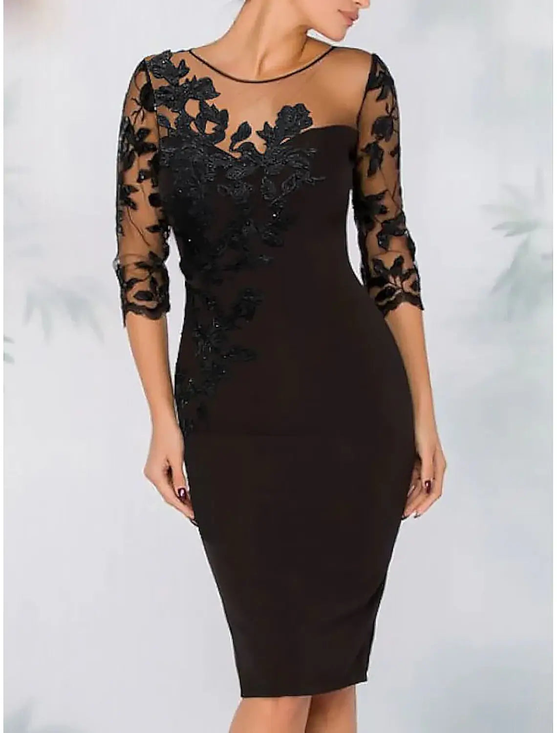 Sheath Cocktail Dresses Elegant Dress Wedding Guest Kentucky Derby Knee Length Long Sleeve Illusion Neck Lace with Beading Embroidery