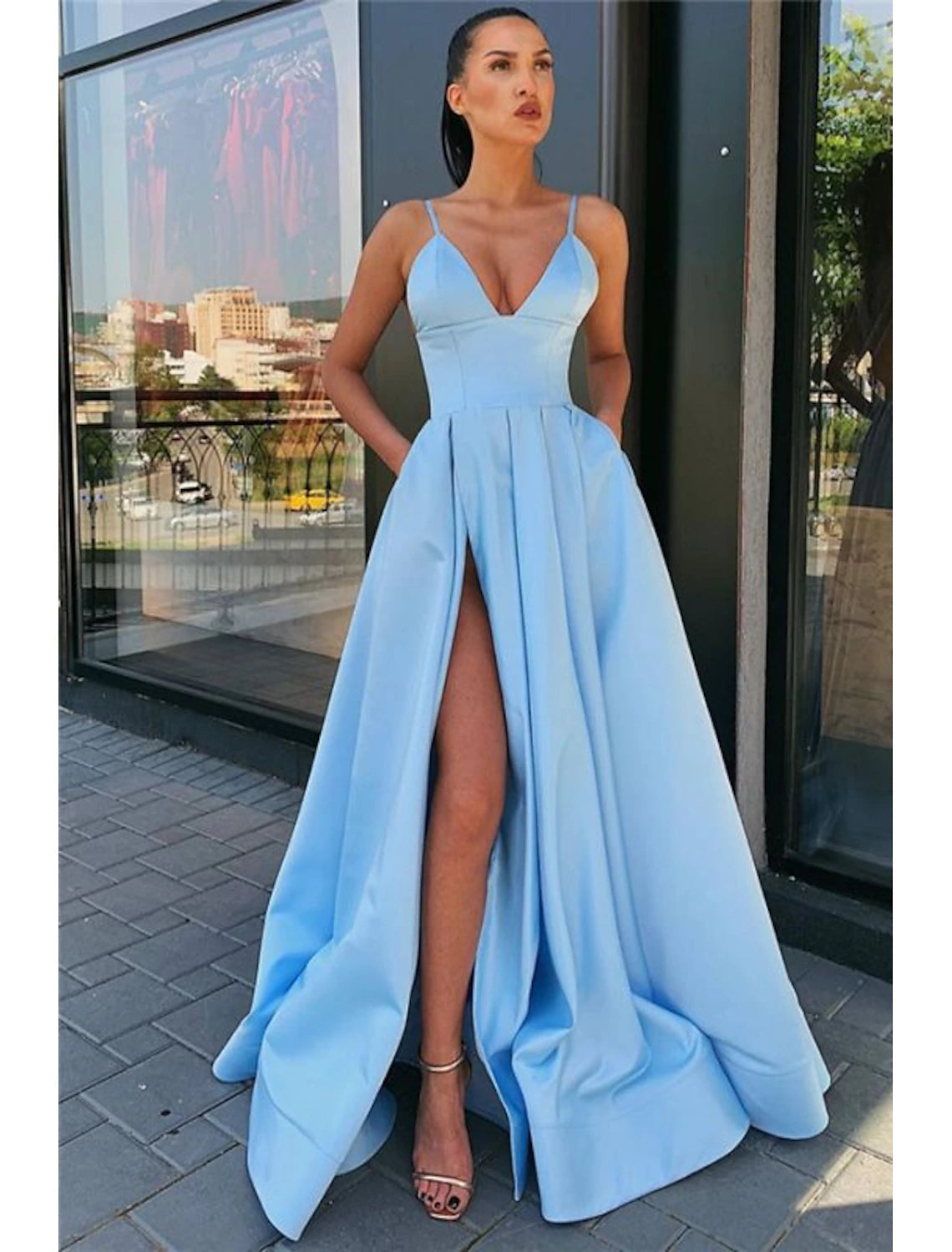 A-Line Prom Dresses Black Dress Dress Wedding Guest Prom Sweep / Brush Train Sleeveless Spaghetti Strap Satin with Pleats Split Front