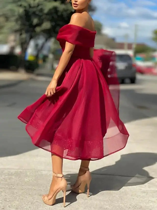 Beach Wedding A-Line Cocktail Dresses Vintage Dress Wedding Guest Tea Length Sleeveless Off Shoulder Tulle with Pleats