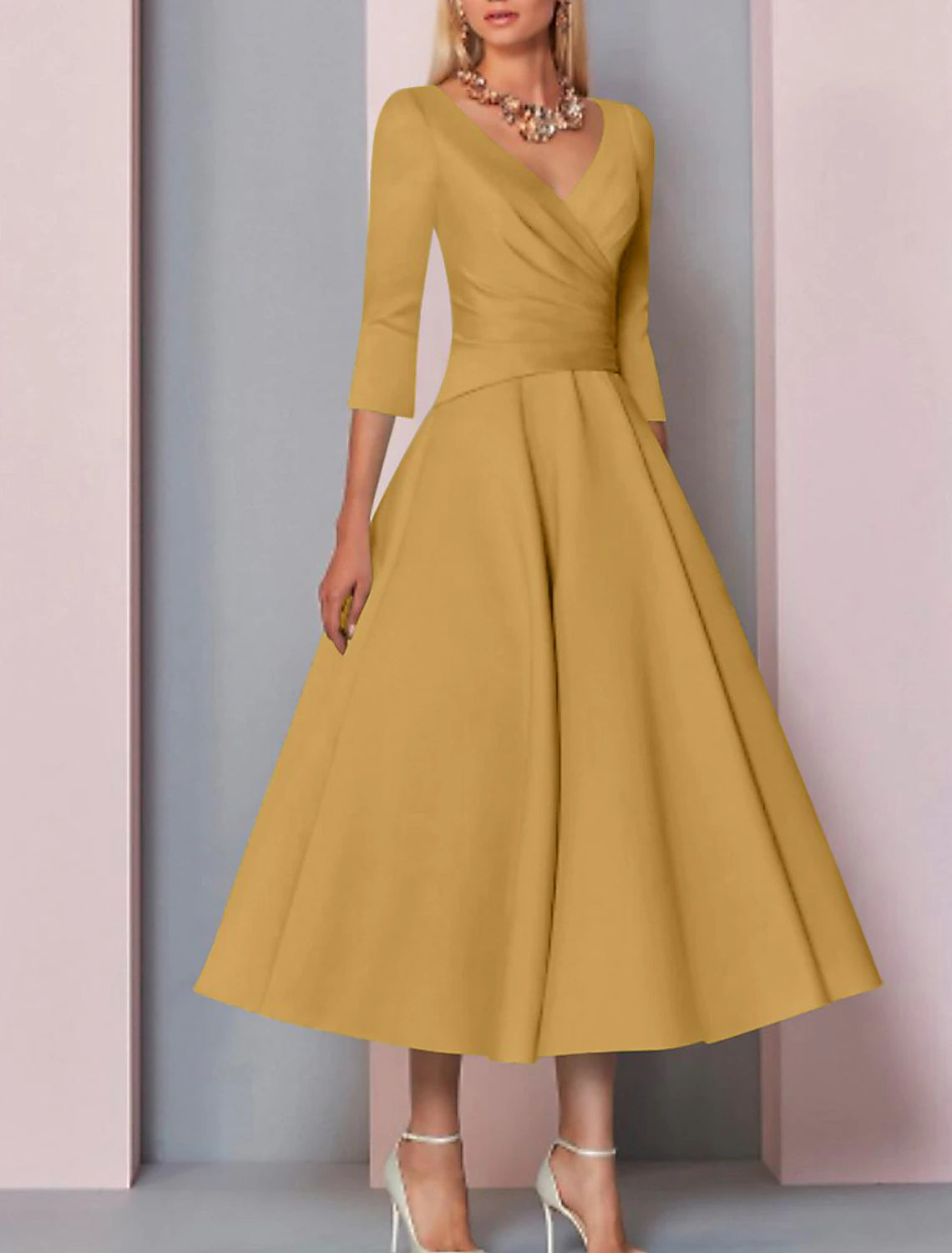 Beach Wedding A-Line Gold Dresses Mother of the Bride Dress Wedding Guest Elegant Vintage Plus Size V Neck Tea Length Satin 3/4 Length Sleeve with Pleats dress